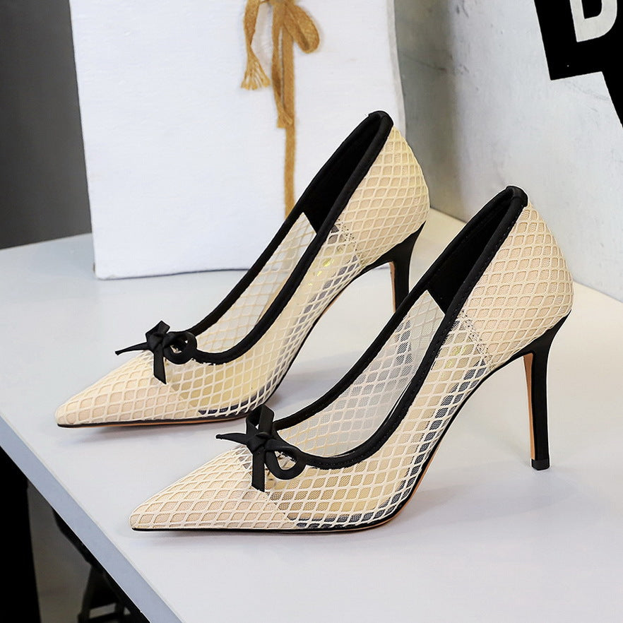 Bow Pointed Shallow Mouth Mesh Lace Stiletto White