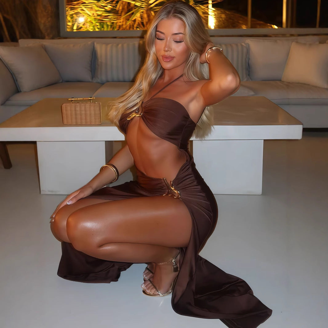 Sexy Brown Cutout Long Maxi Dress with Gold Hardwear High Open Slit Detail