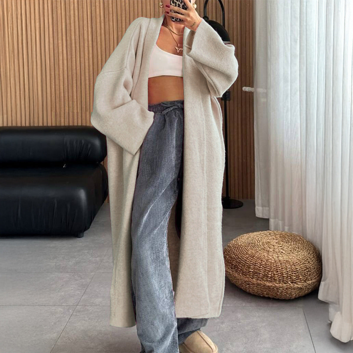 Long Sleeve Cozy Oversized Trench Coat Like Sweater Apricot