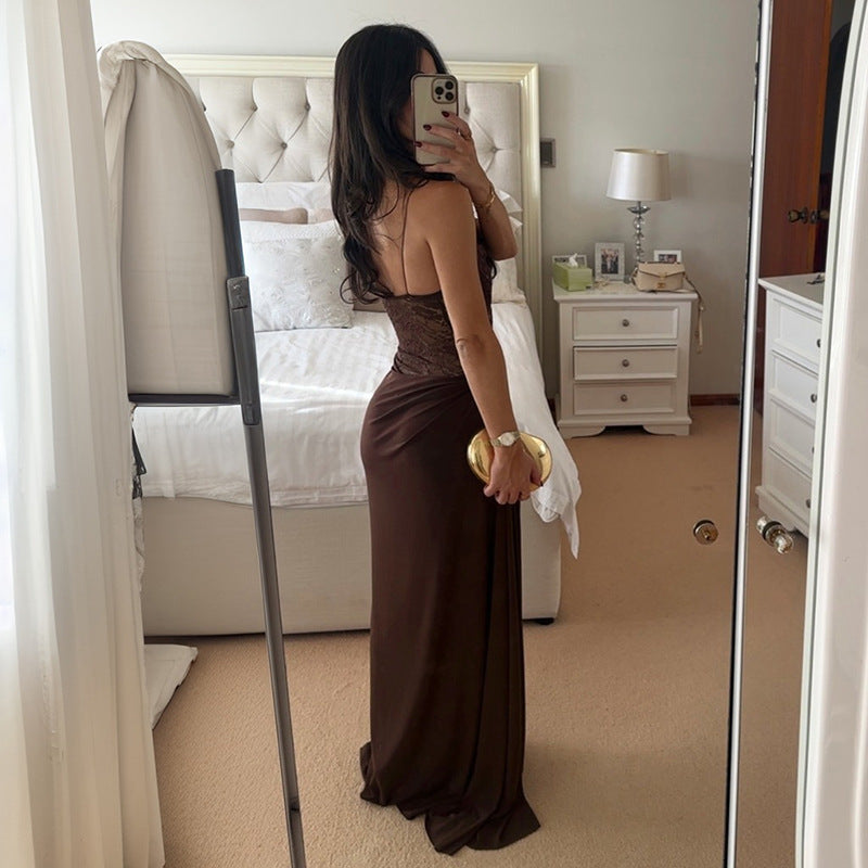 Ladies Sexy Long Lace Insert Strap Lace Maxi Dress Off Shoulder Detail