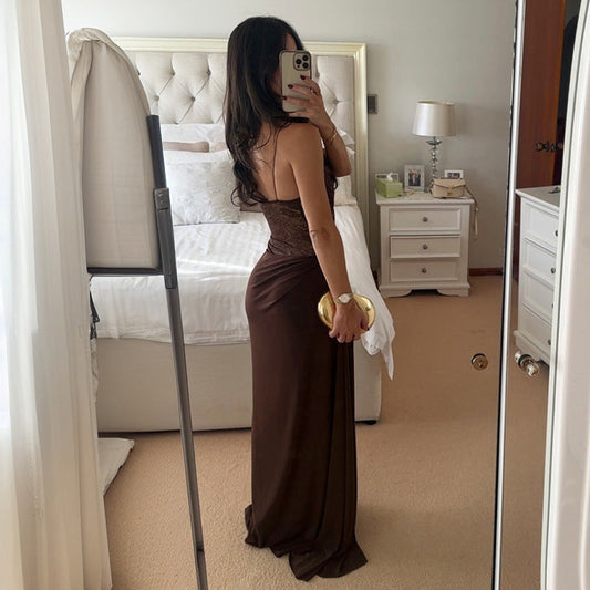 Ladies Sexy Long Lace Insert Strap Lace Maxi Dress Off Shoulder Detail
