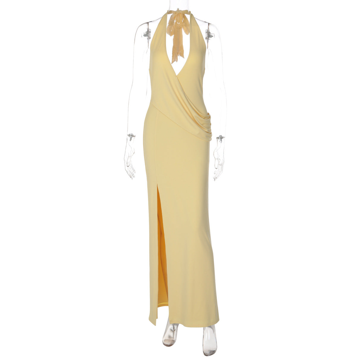 Sexy Low Cut Deep V Plunge neck Halter Strap Backless Slit Dress