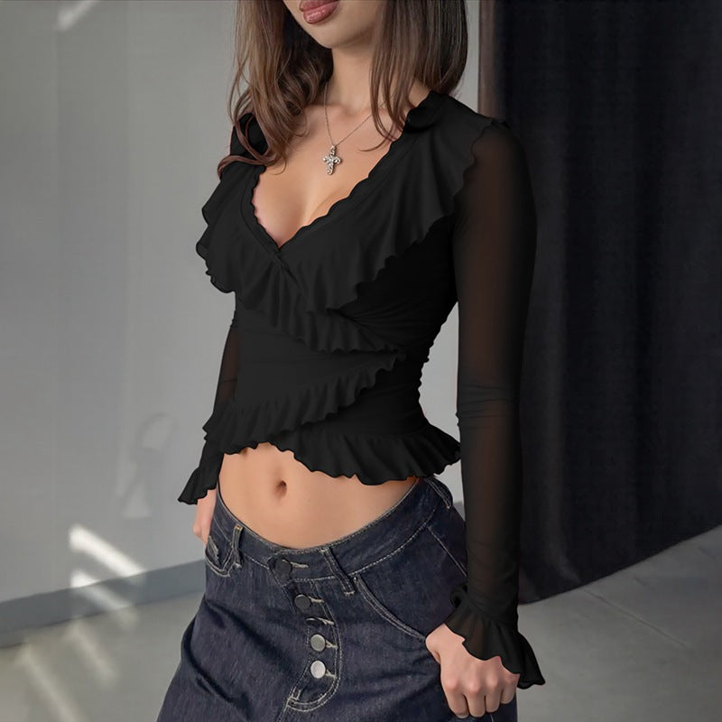Sexy Low Cut V neck Ruffled Slim Flared Long Sleeve Top