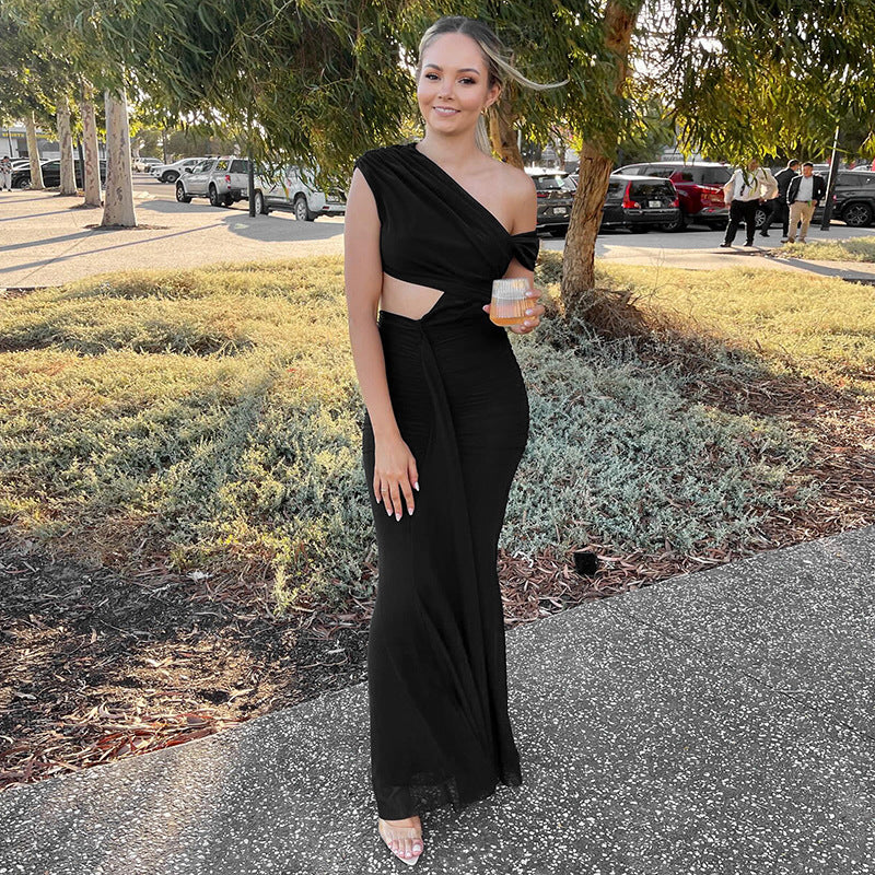 Sexy Oblique Shoulder Dress Women Black
