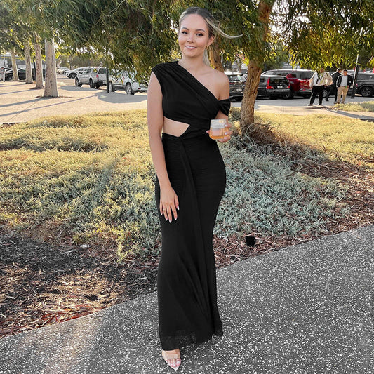 Sexy Oblique Shoulder Dress Women Black
