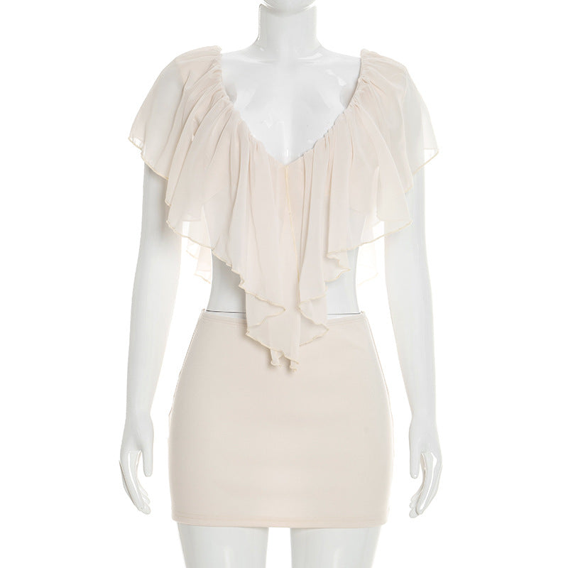 Sexy V Neck Y2K Festival Backless Lace Front Ruffle Cropped top with Mini Skirt Apricot