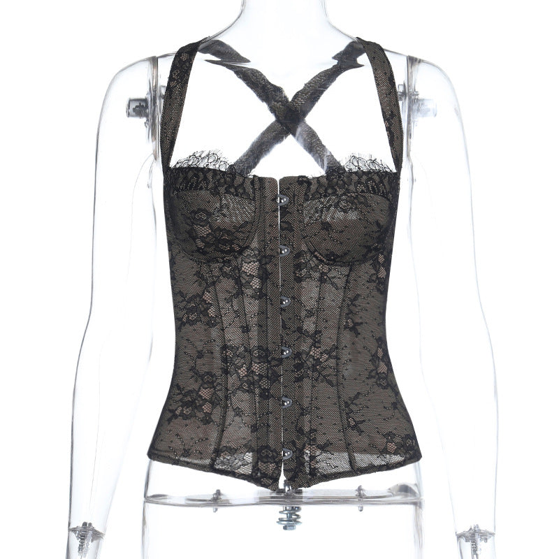 Black Lace w/ Nude Lining Sexy Corset with Cross Back Detail