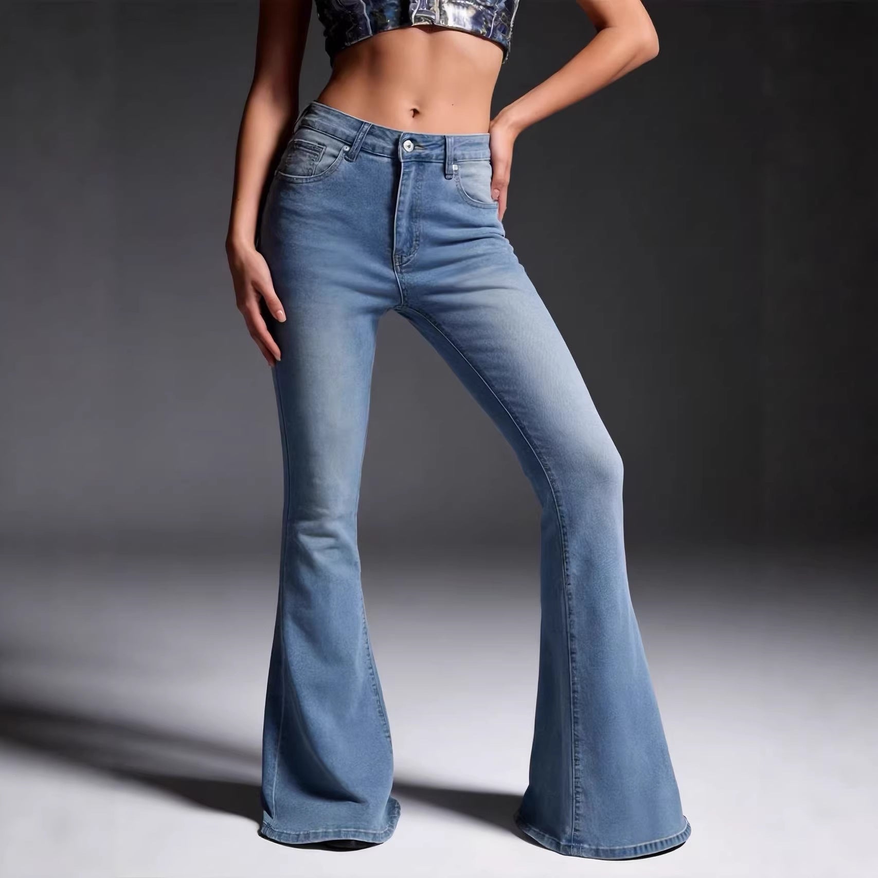 High Waisted Bell Bottom Denim Jeans Light Wash