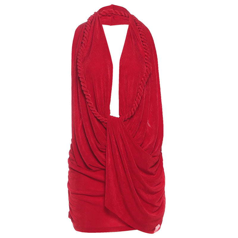Sexy Deep V Halter Backless Mini Red Dress