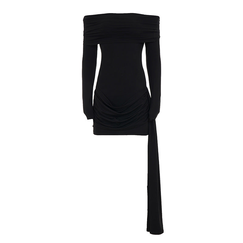 Off The Shoulder LBD Mini Dress with Sash at Hip Black