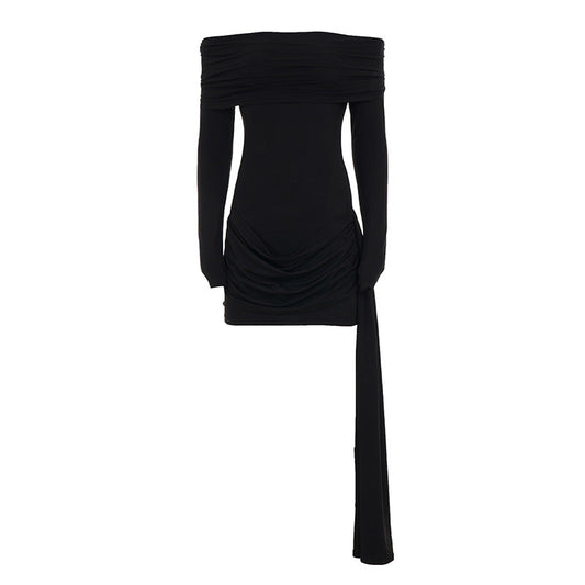 Off The Shoulder LBD Mini Dress with Sash at Hip Black