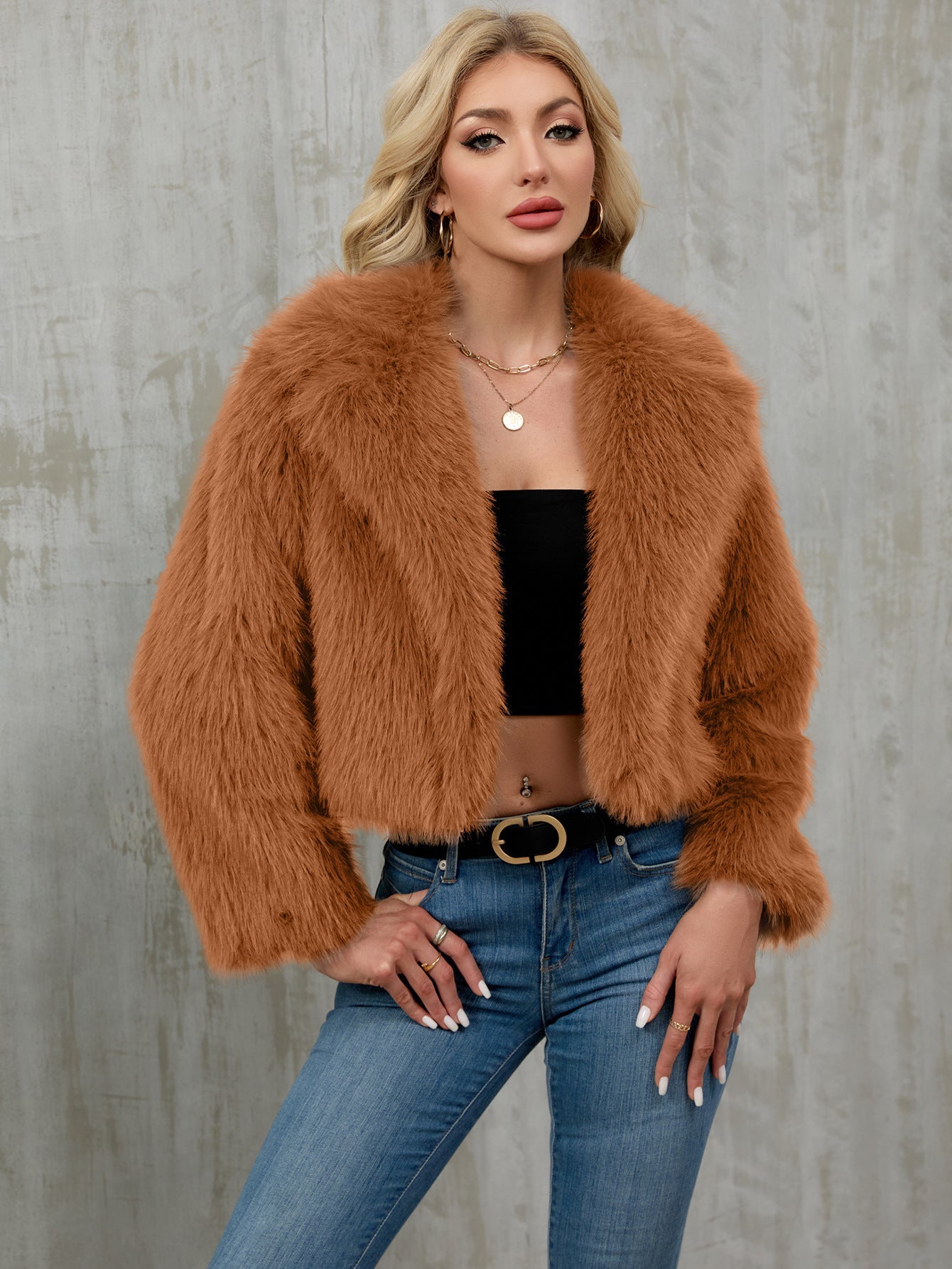 Plush Short Jacket Faux Fur Coat Suit Collar Outer Coat camel