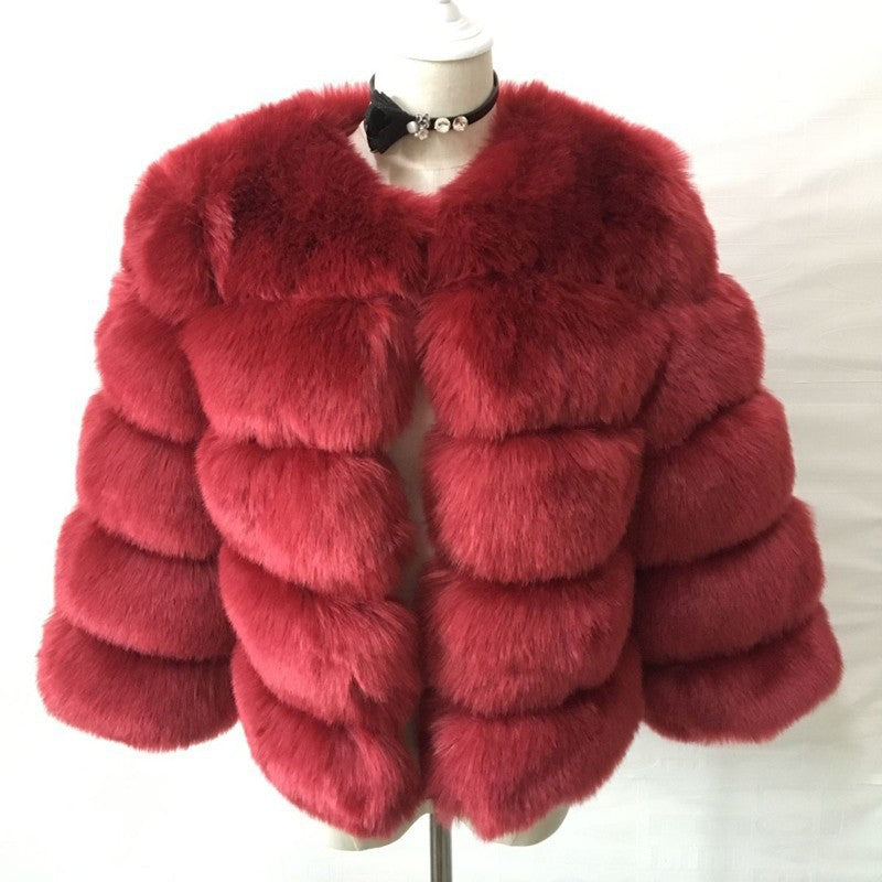 Fur in Faux Fur Coat Women Short Long Sleeve Fur Artificial Fur Coat Burgundy