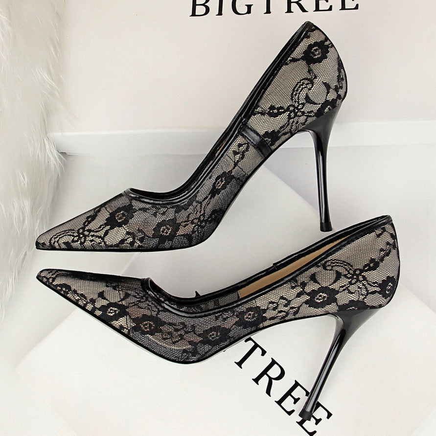 Sexy Skinny Lace Stiletto Heel Pointed Toe High Heels Black