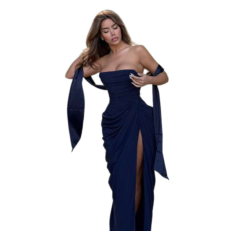 Long Shirred Tube Top Grecian Like Tube Dress w/ Scarf Navy Blue