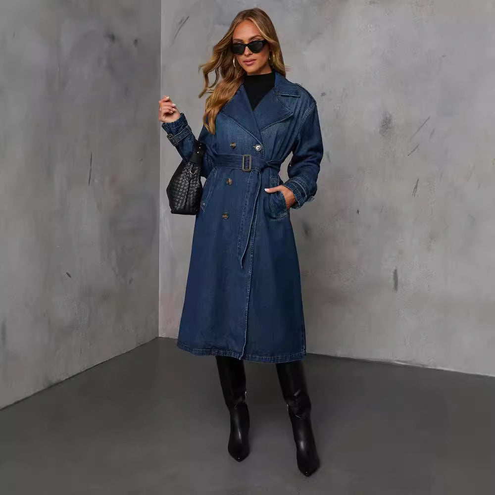 Womens Denim Women Wide Windbreaker Coat With Belt Navy Blue