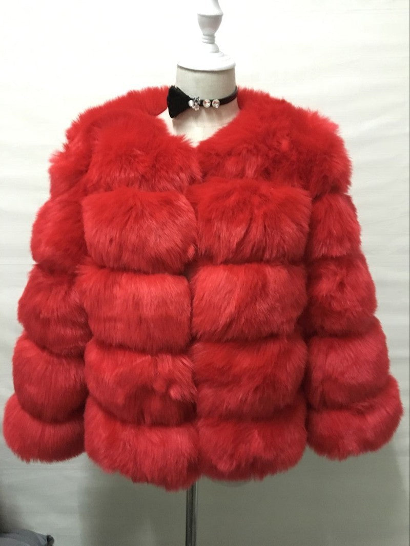 Fur in Faux Fur Coat Women Short Long Sleeve Fur Artificial Fur Coat Red