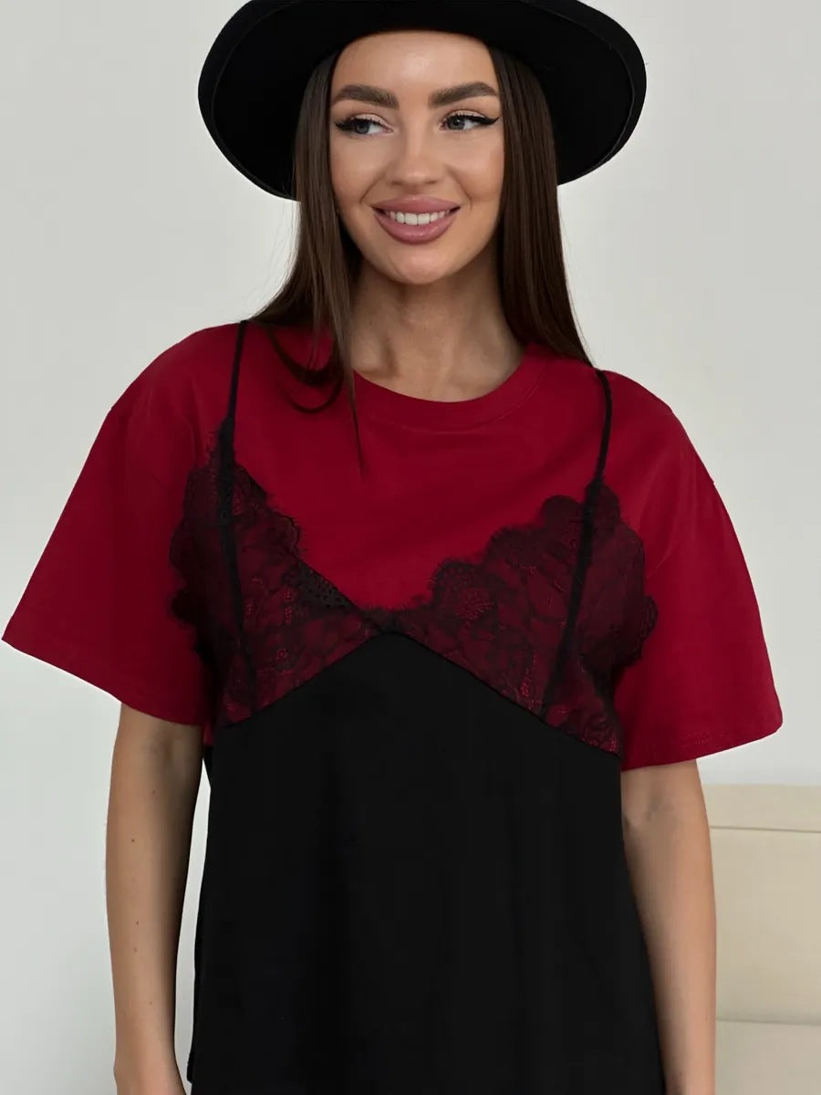 Sexy Women Lace Cami Over T -Shirt Red