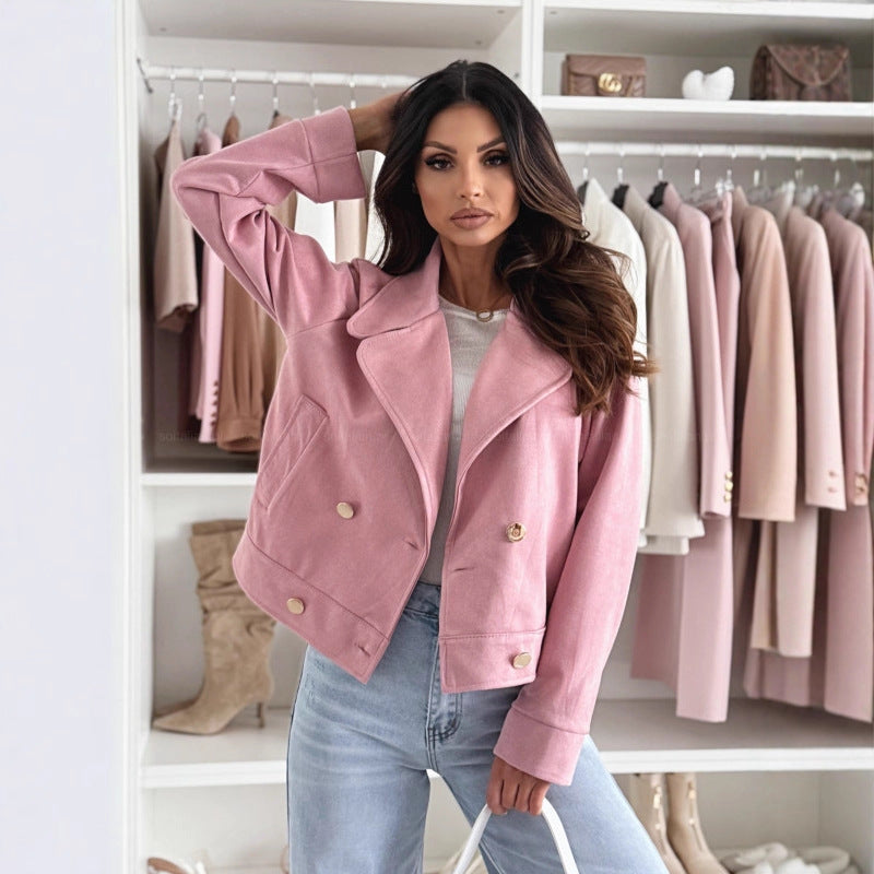 Ladies Slim Collared Button Suede Short Coat Pink