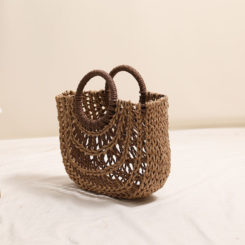 Straw Weaved Bag Round Handle Vacation Beach Bag