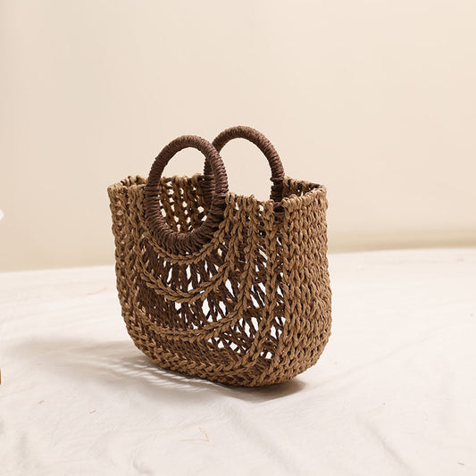 Straw Weaved Bag Round Handle Vacation Beach Bag