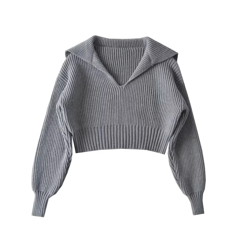 Cozy Cable Collar Cropped Sweater Top One Size Gray