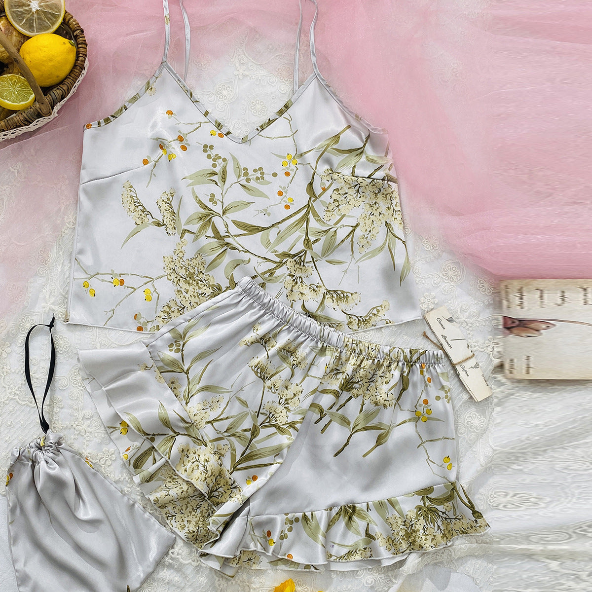 Silk Pajamas leaf Printed Short / Cami Set with ruffle hem