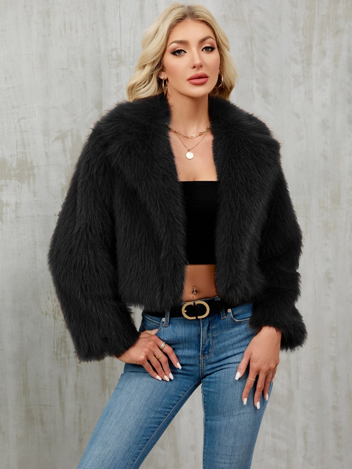 Plush Short Jacket Faux Fur Coat Suit Collar Outer Coat Black