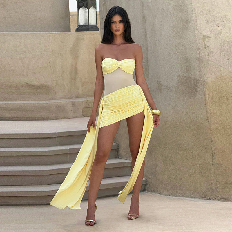 Women's Tube Dress w/ Shirring w/ sashes on side Yellow