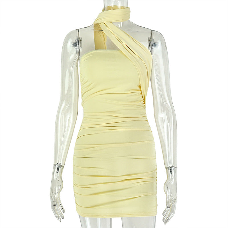 Sexy Halter Shirred Mini Tube Dress with Scarf Detail Yellow