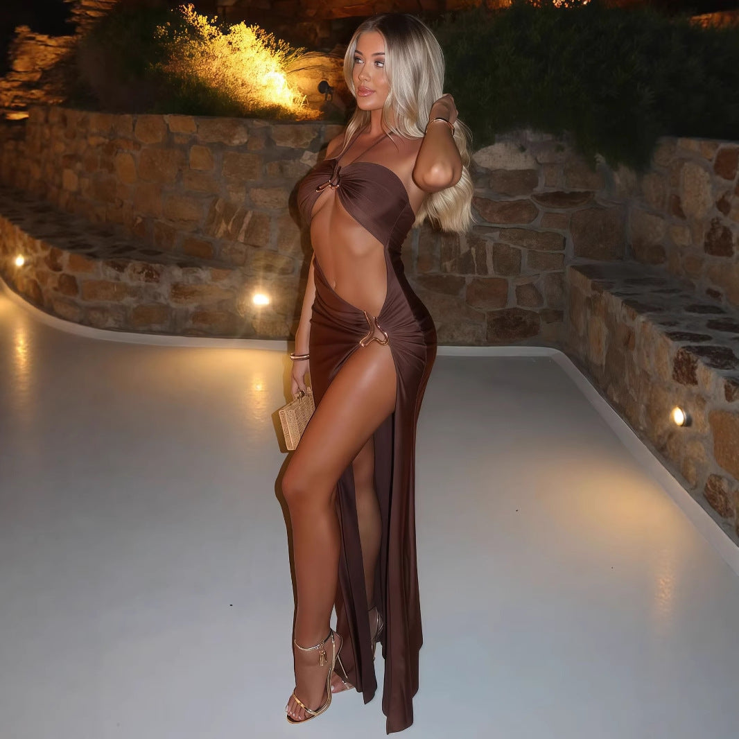Sexy Brown Cutout Long Maxi Dress with Gold Hardwear High Open Slit Detail