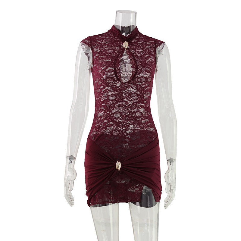 Sexy Burgundy Cap Sleeve Lace Mandarin Collar With Sexy keyhole & Shirred Bottom Mini Dress Red