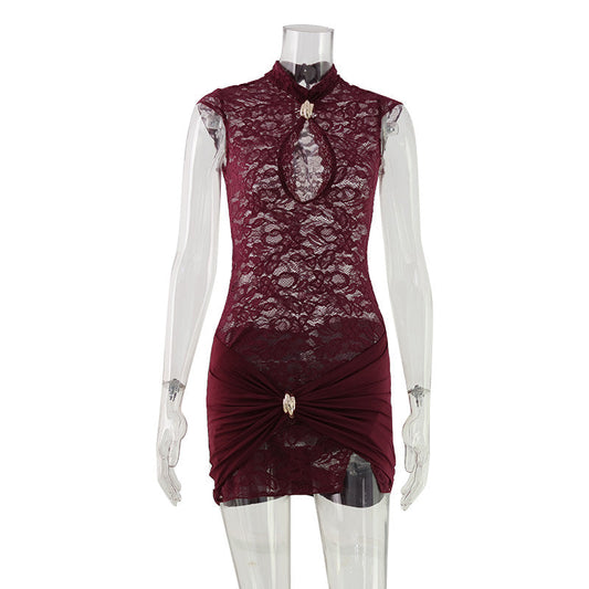 Sexy Burgundy Cap Sleeve Lace Mandarin Collar With Sexy keyhole & Shirred Bottom Mini Dress Red