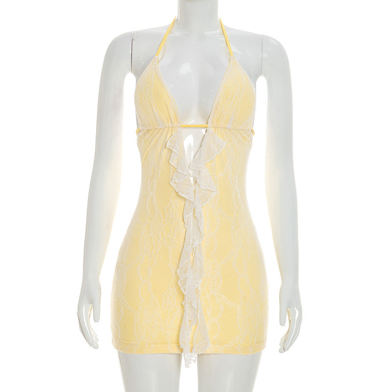 Sexy Lace Deep V Neck Y2K Mini Dress with Front Ruffle Detail Yellow