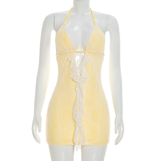 Sexy Lace Deep V Neck Y2K Mini Dress with Front Ruffle Detail Yellow