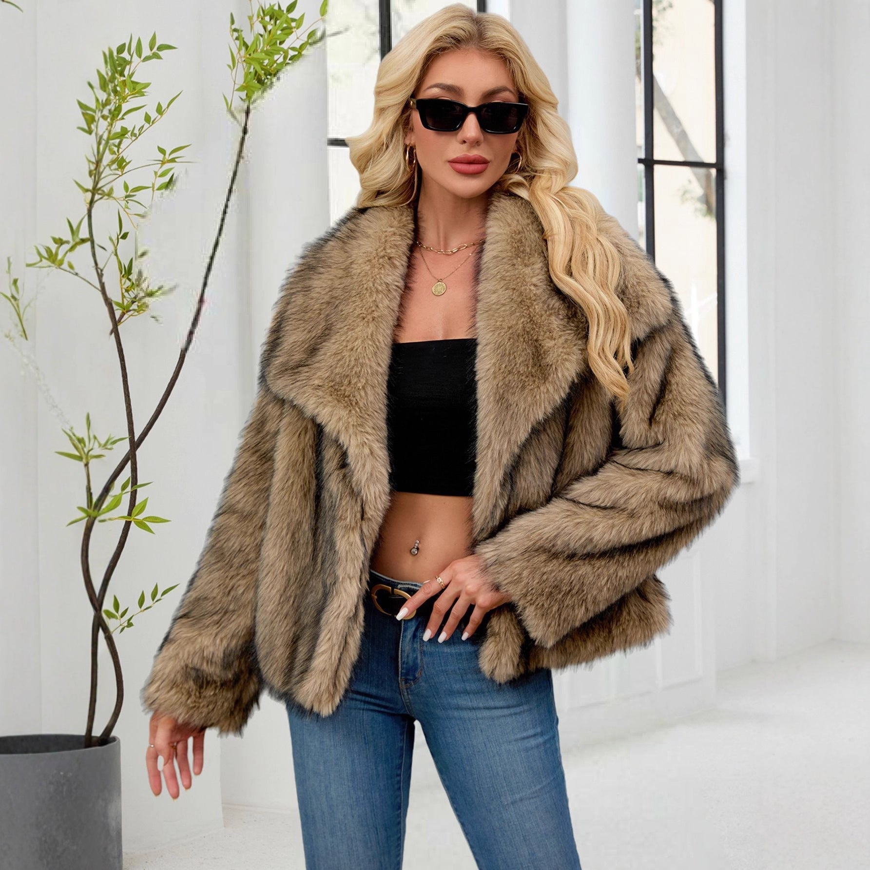 Faux Fur Warm Fluffy Coat with Large Collar Camel Wire