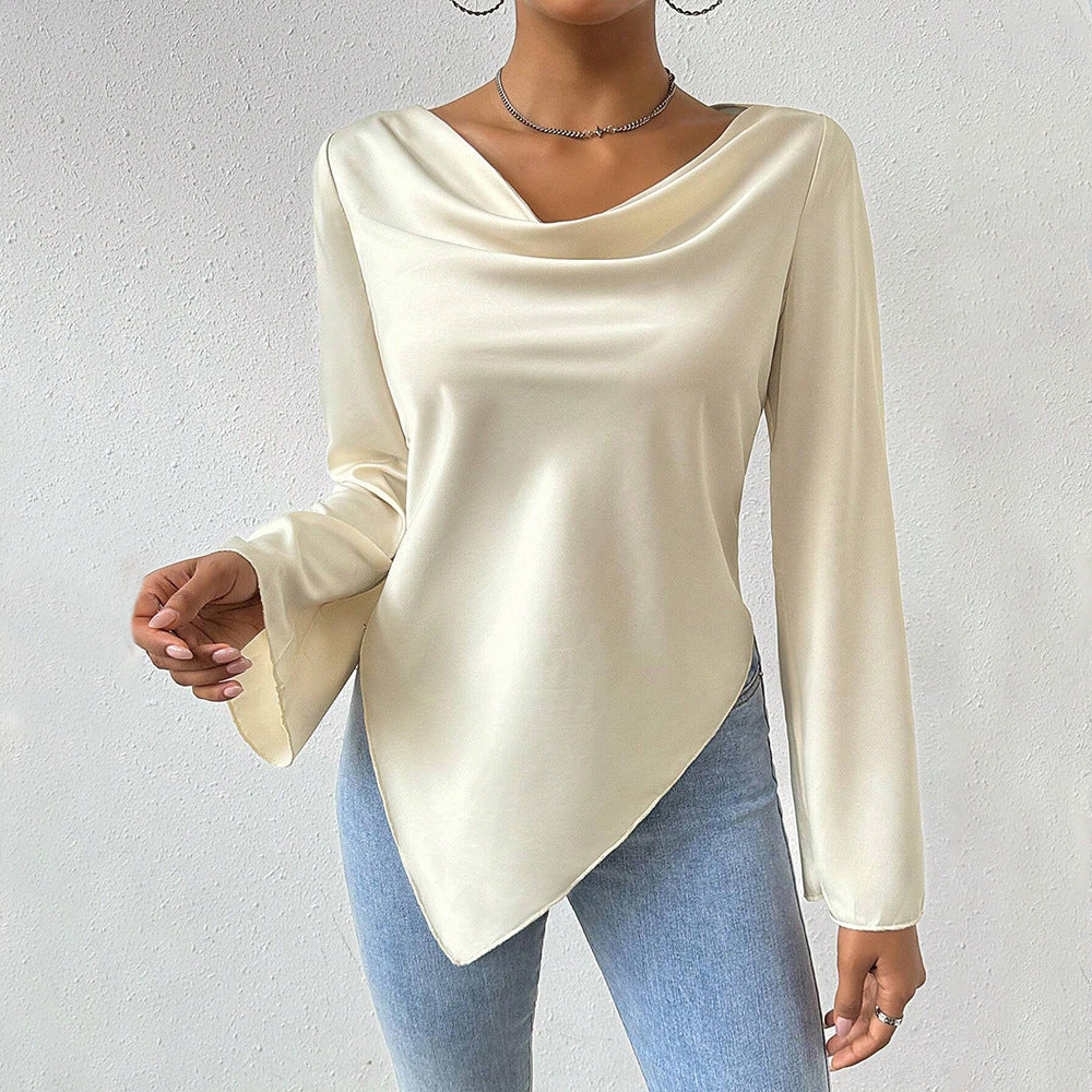 Ladies Long Bell Sleeve Satin Cowl Off White Neck Top