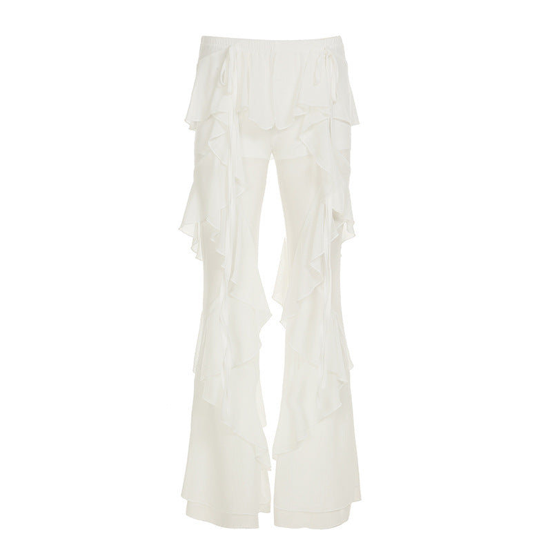 Ladies Ruffled Layered Sheer Mesh Festival Pants EDC, Burning Man, Coachella White