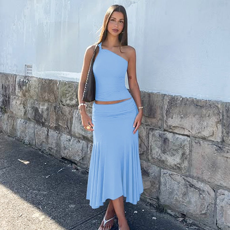 One Shoulder Sleeveless Cropped Small Tank Top with Hip Hugging Midi skirt