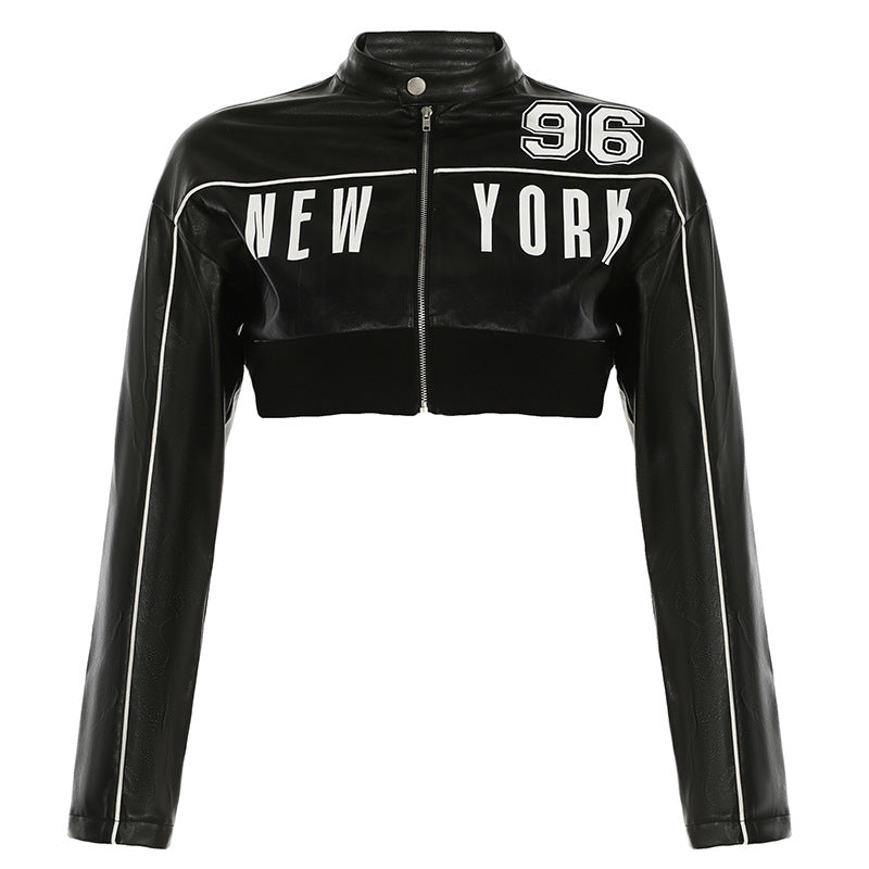 Pleather Vegan Leather Contrast Color Bud Stripe Numbers Cropped New York Black