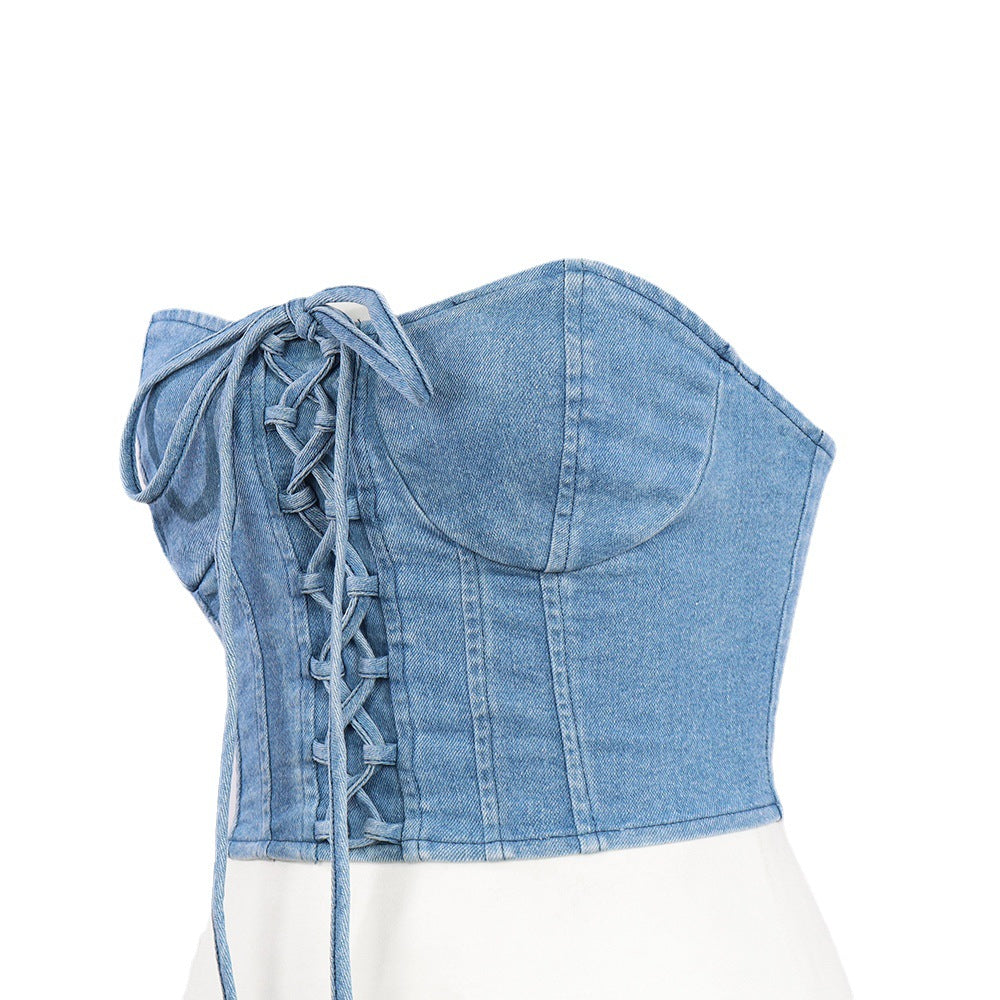 Sexy Denim Y2K Lace up Tube Top Women