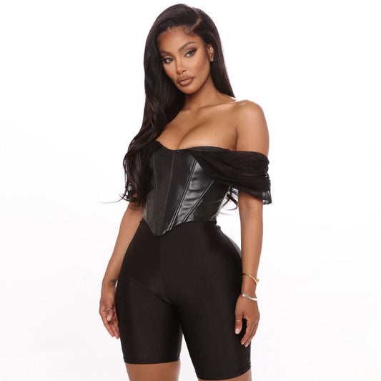 Sexy Mesh Sleeves Faux Leather off Neck Tube Top Black