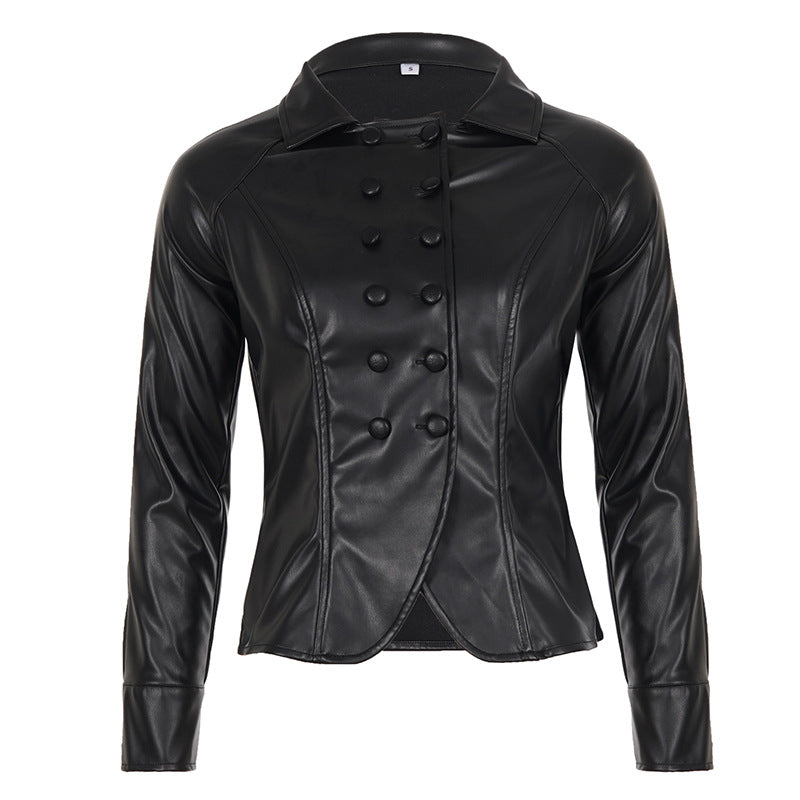 Vegan Leather Double Breasted Collared Vintage Jacket