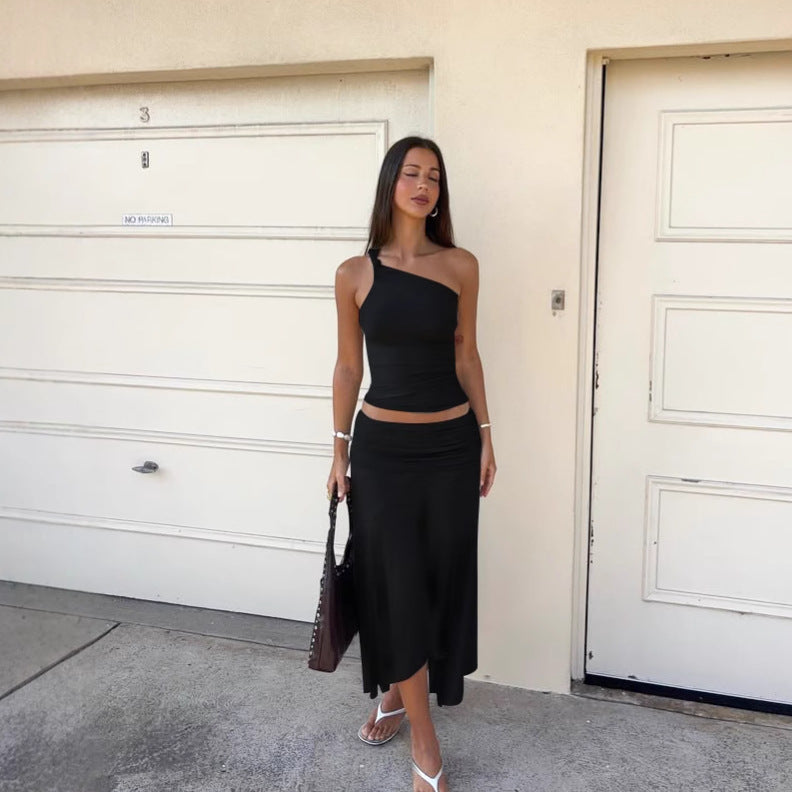 One Shoulder Sleeveless Cropped Small Tank Top with Hip Hugging Midi skirt