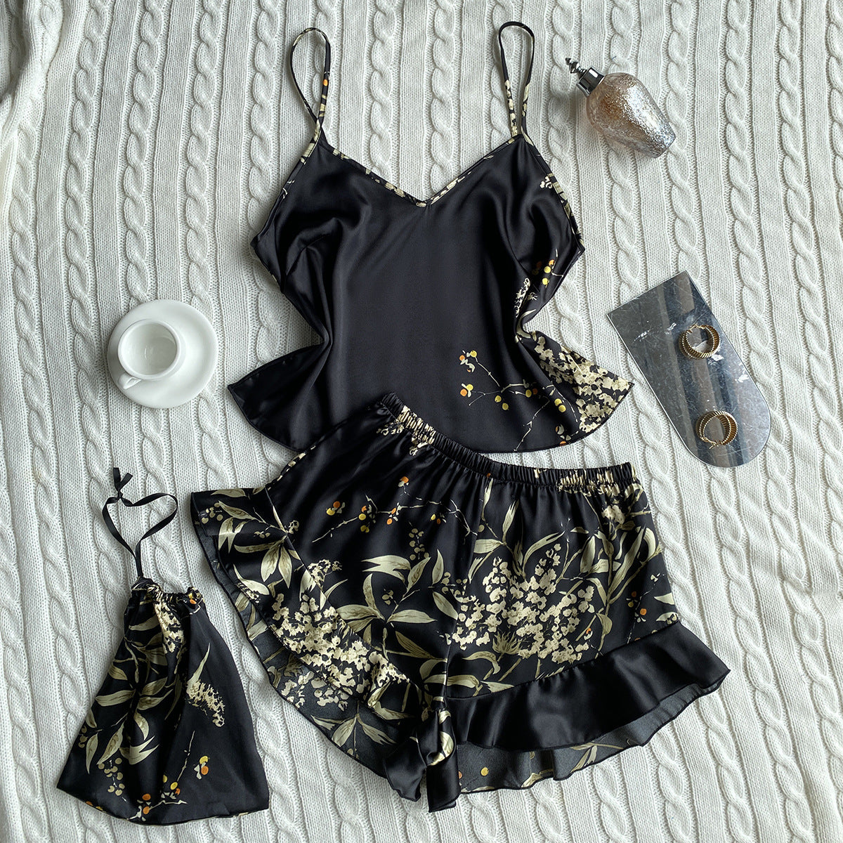 Silk Pajamas leaf Printed Short / Cami Set with ruffle hem Black Cherry