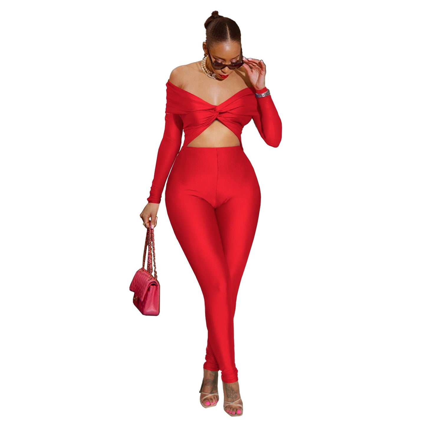 Ladies Sexy Twist Hollow Out Cutout Cropped High Waist Long Sleeve Jumpsuit Red