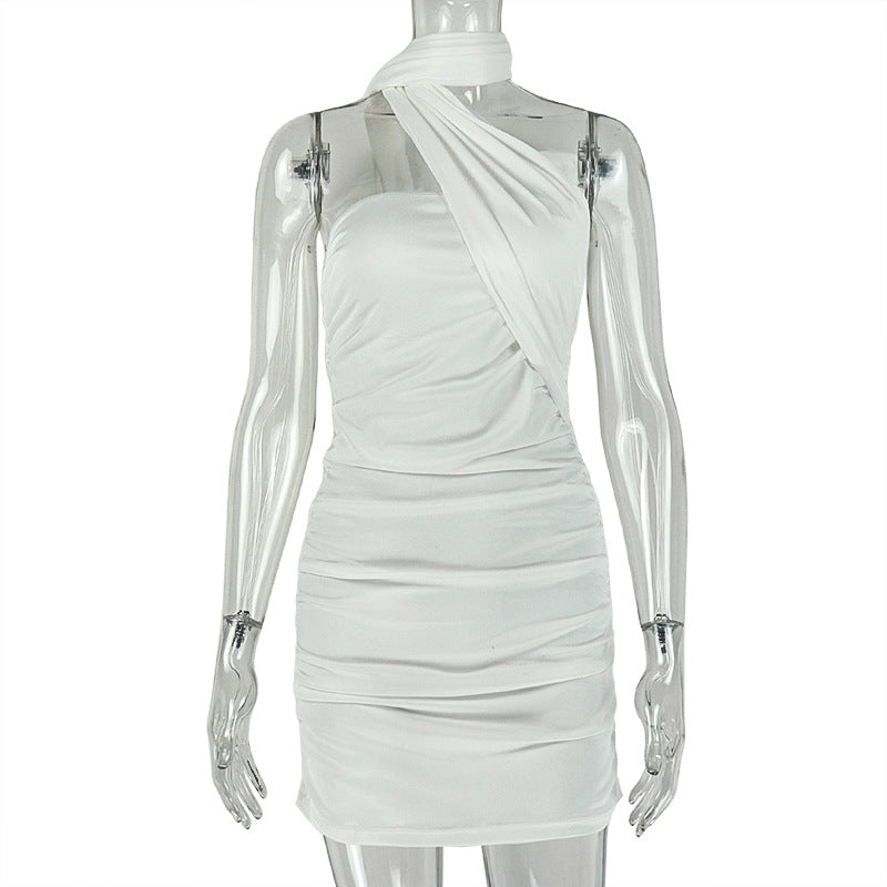 Sexy Halter Shirred Mini Tube Dress with Scarf Detail White