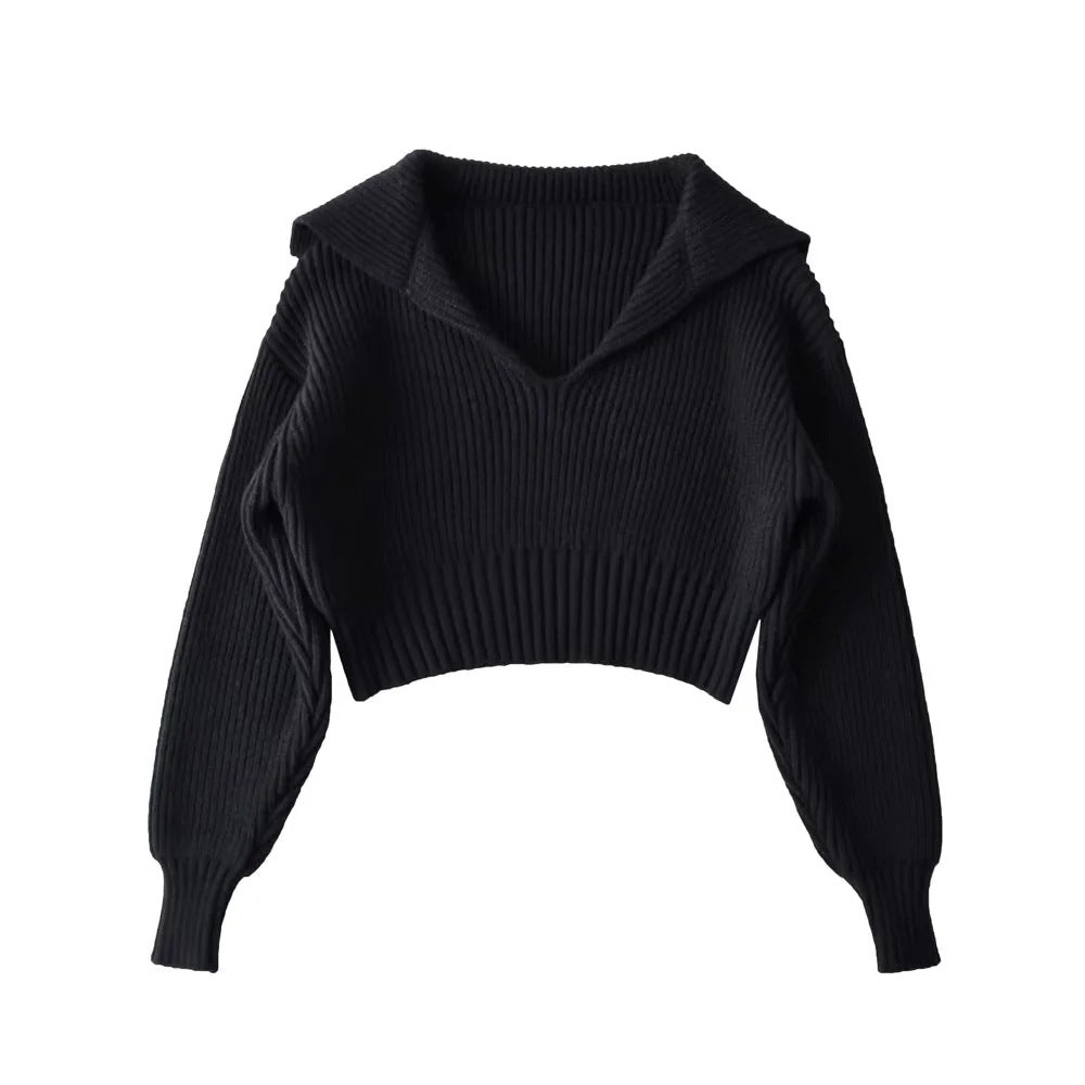 Cozy Cable Collar Cropped Sweater Top One Size Black
