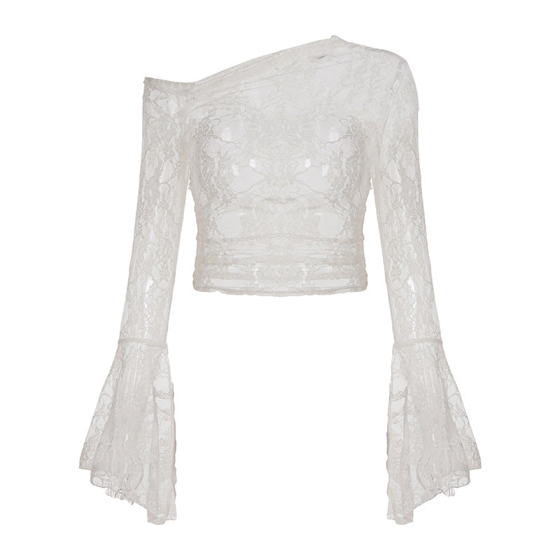 White Asymmetrical Long Sleeve Off Shoulder Bell Sleeve Lace top White