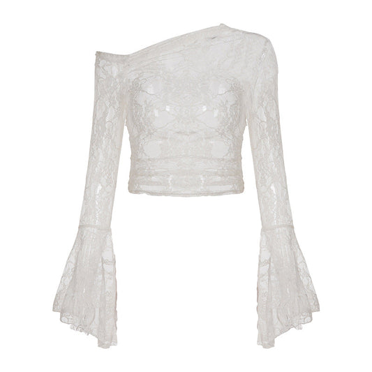 White Asymmetrical Long Sleeve Off Shoulder Bell Sleeve Lace top White